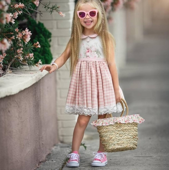 Dollcake Dress Maddy Pink White Plaid Roses Floral Full Skirt Girls 10 NWT - Picture 3 of 12